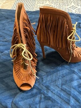 Yoki Brown Fringe Lace-Up Peep Toe High Heel Booties